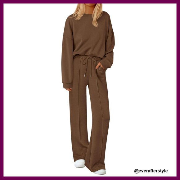 Cozy Knit Loungewear Set Long Sleeve Sweatshirt Wide Leg Pants Matching